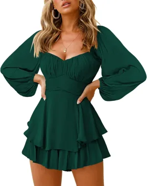 Fixmatti Women off Shoulder Rompers Lantern Long Sleeve Ruffle Tie Mini Shorts Jumpsuit