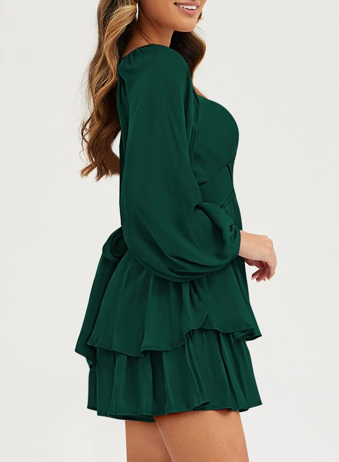Fixmatti Women off Shoulder Rompers Lantern Long Sleeve Ruffle Tie Mini Shorts Jumpsuit