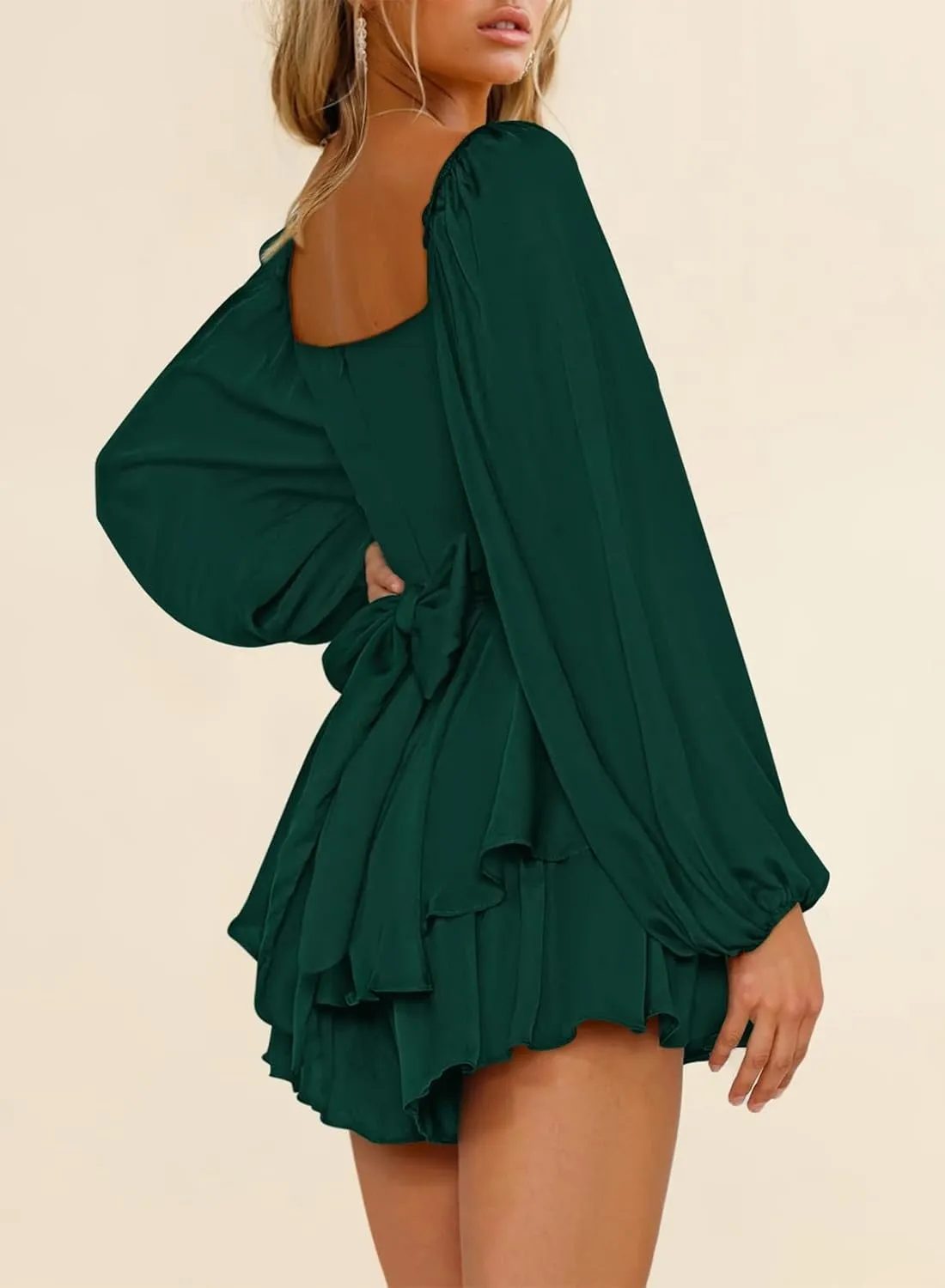 Fixmatti Women off Shoulder Rompers Lantern Long Sleeve Ruffle Tie Mini Shorts Jumpsuit