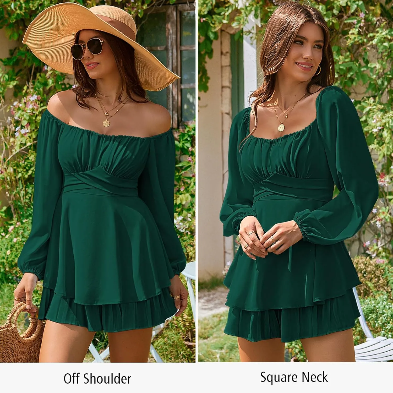 Fixmatti Women off Shoulder Rompers Lantern Long Sleeve Ruffle Tie Mini Shorts Jumpsuit