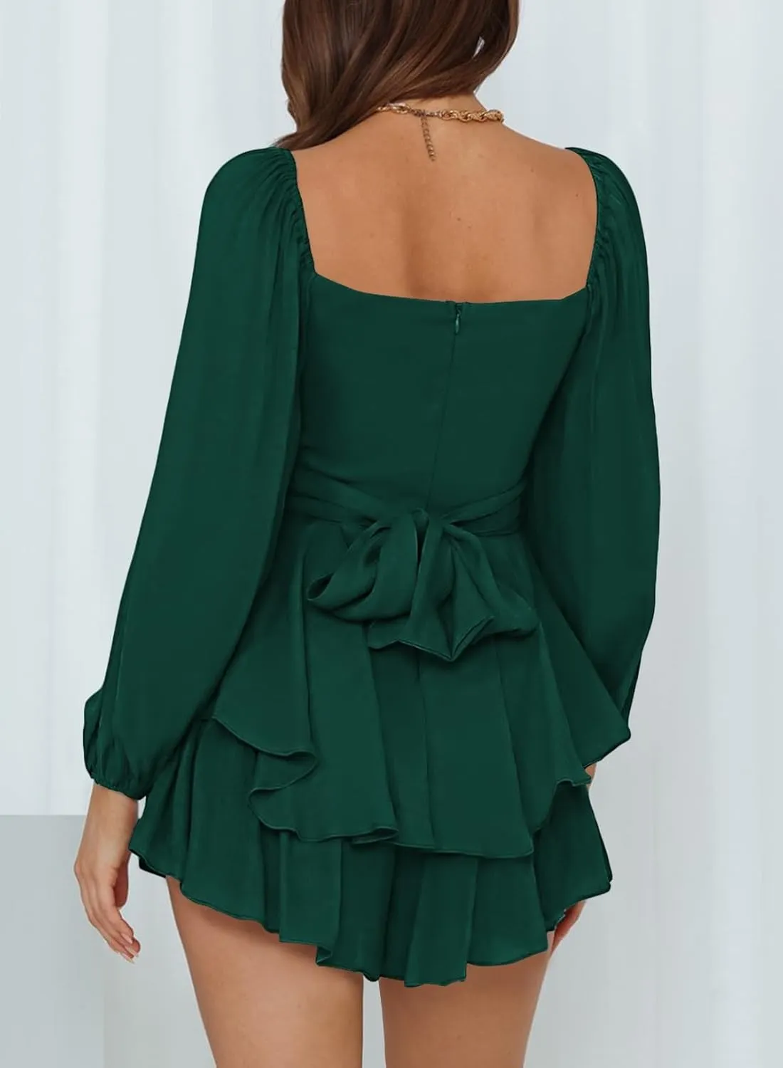 Fixmatti Women off Shoulder Rompers Lantern Long Sleeve Ruffle Tie Mini Shorts Jumpsuit