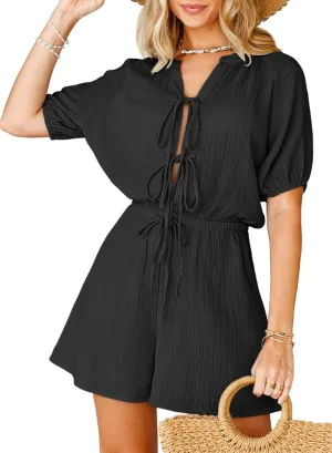 Fixmatti Women Summer Romper - Self Tie V Neck Casual Jumpsuit