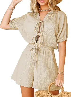 Fixmatti Women Summer Romper - Self Tie V Neck Casual Jumpsuit