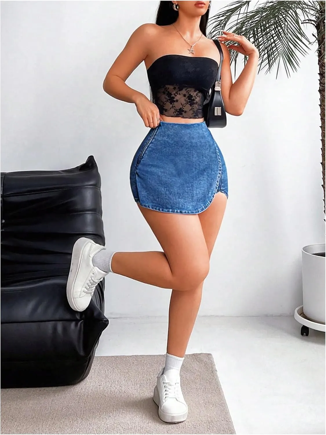 Floerns Women's High Waist Wrap Jean Mini Skorts Skinny Asymmetrical Denim Skirt Shorts