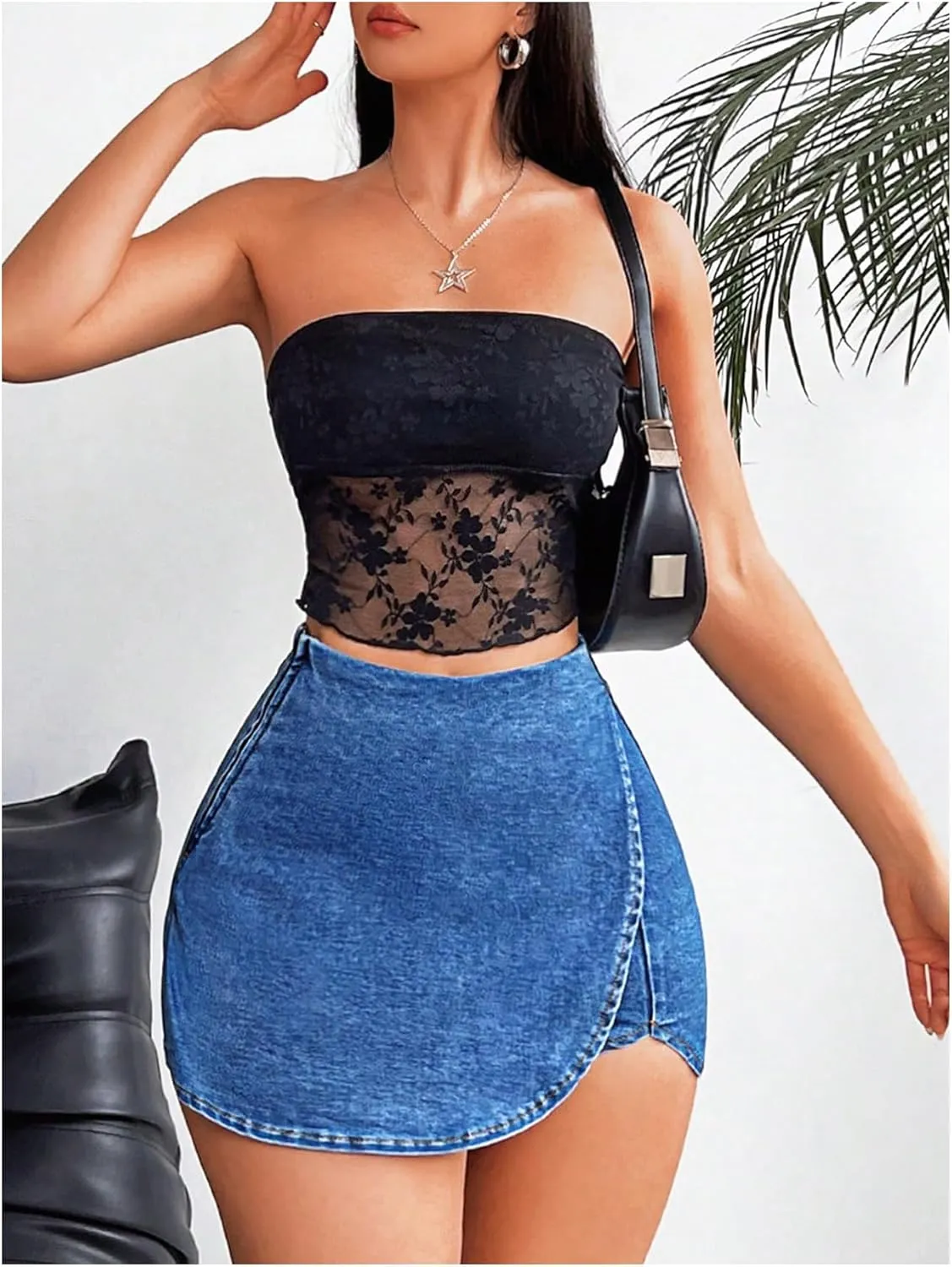 Floerns Women's High Waist Wrap Jean Mini Skorts Skinny Asymmetrical Denim Skirt Shorts