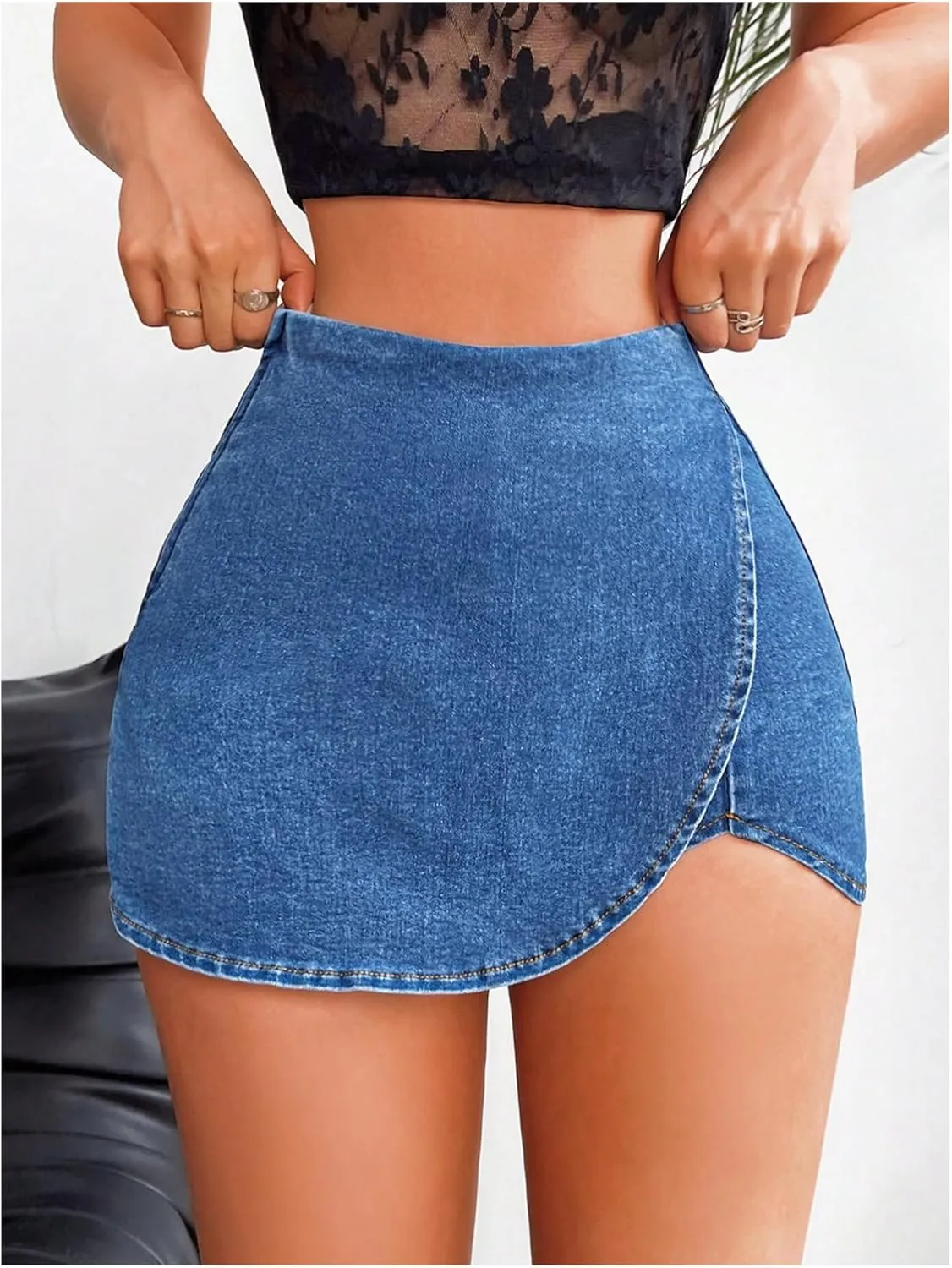 Floerns Women's High Waist Wrap Jean Mini Skorts Skinny Asymmetrical Denim Skirt Shorts