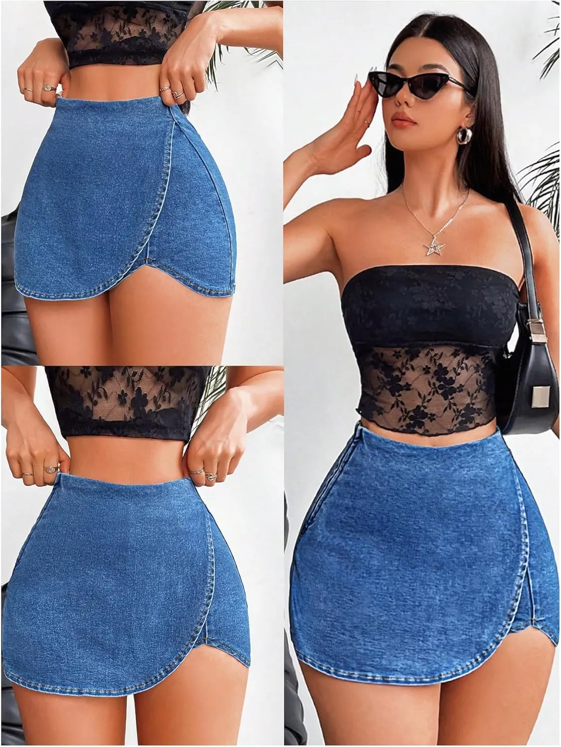 Floerns Women's High Waist Wrap Jean Mini Skorts Skinny Asymmetrical Denim Skirt Shorts
