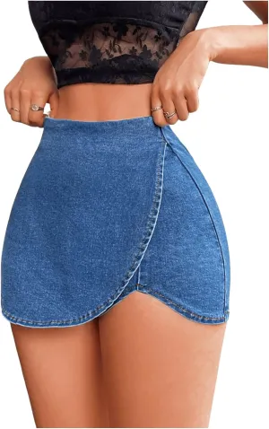 Floerns Women's High Waist Wrap Jean Mini Skorts Skinny Asymmetrical Denim Skirt Shorts