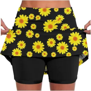 Floral Athletic Skorts for Women Cute Daisy Graphic Tennis Skirts with Shorts Lightweight High Waisted Yoga Skort Golf Skirt