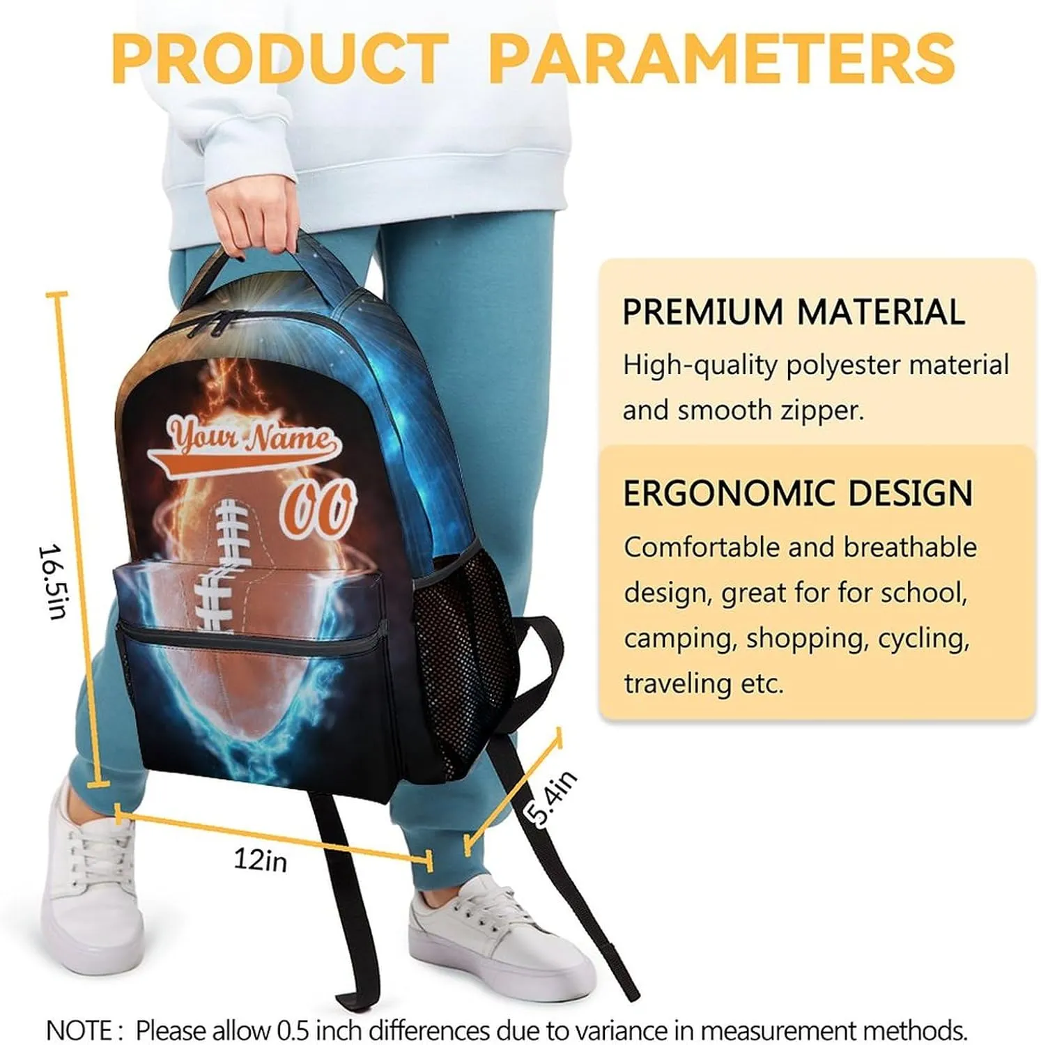 Football School Backpack for Boys, 16 Inch Brown Backpacks for Kids, Cool Lightweight Bookbag for Travel