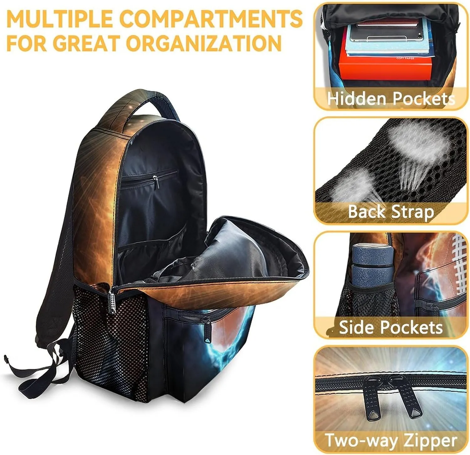Football School Backpack for Boys, 16 Inch Brown Backpacks for Kids, Cool Lightweight Bookbag for Travel