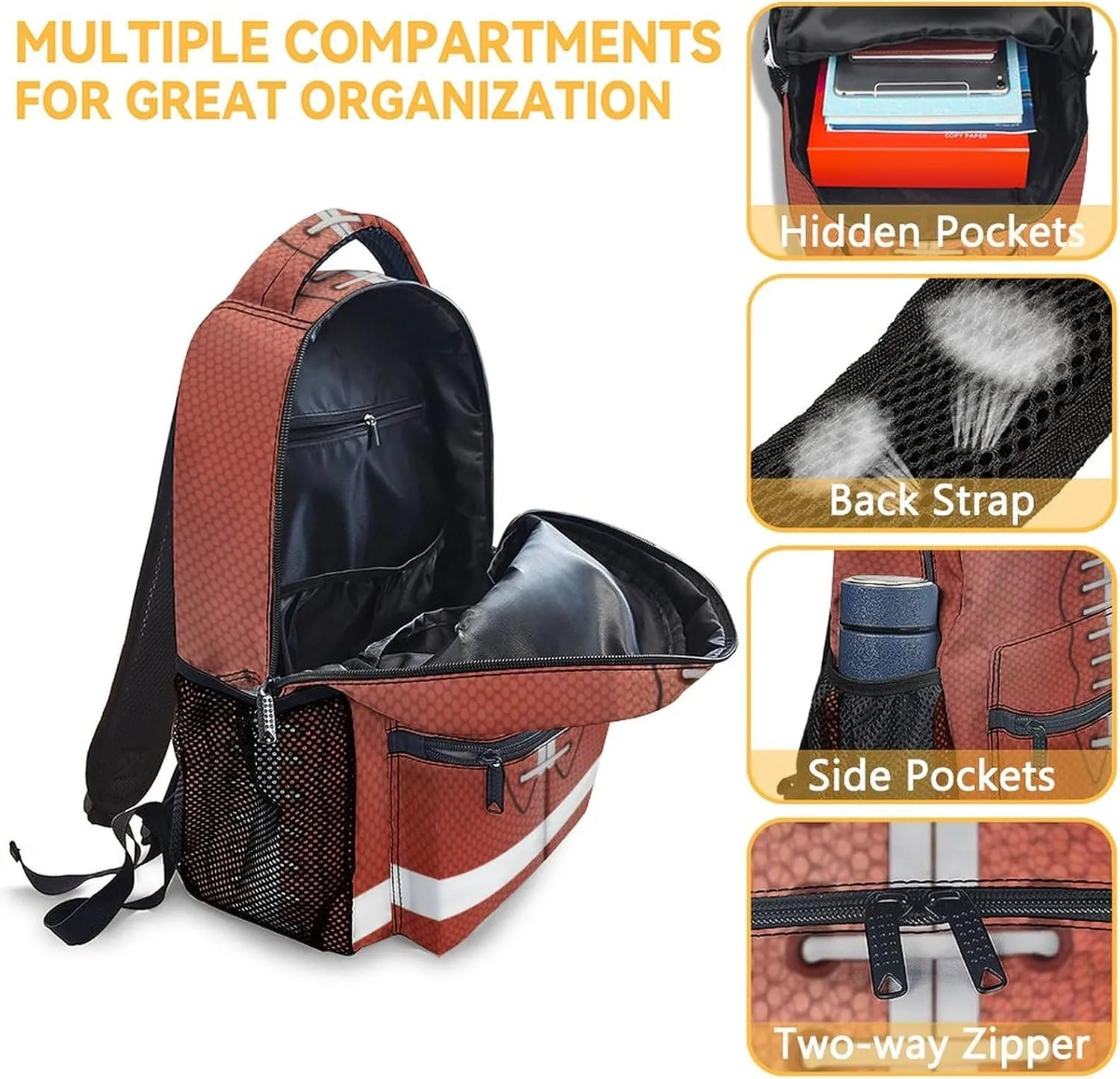 Football School Backpack for Boys, 16 Inch Brown Backpacks for Kids, Cool Lightweight Bookbag for Travel
