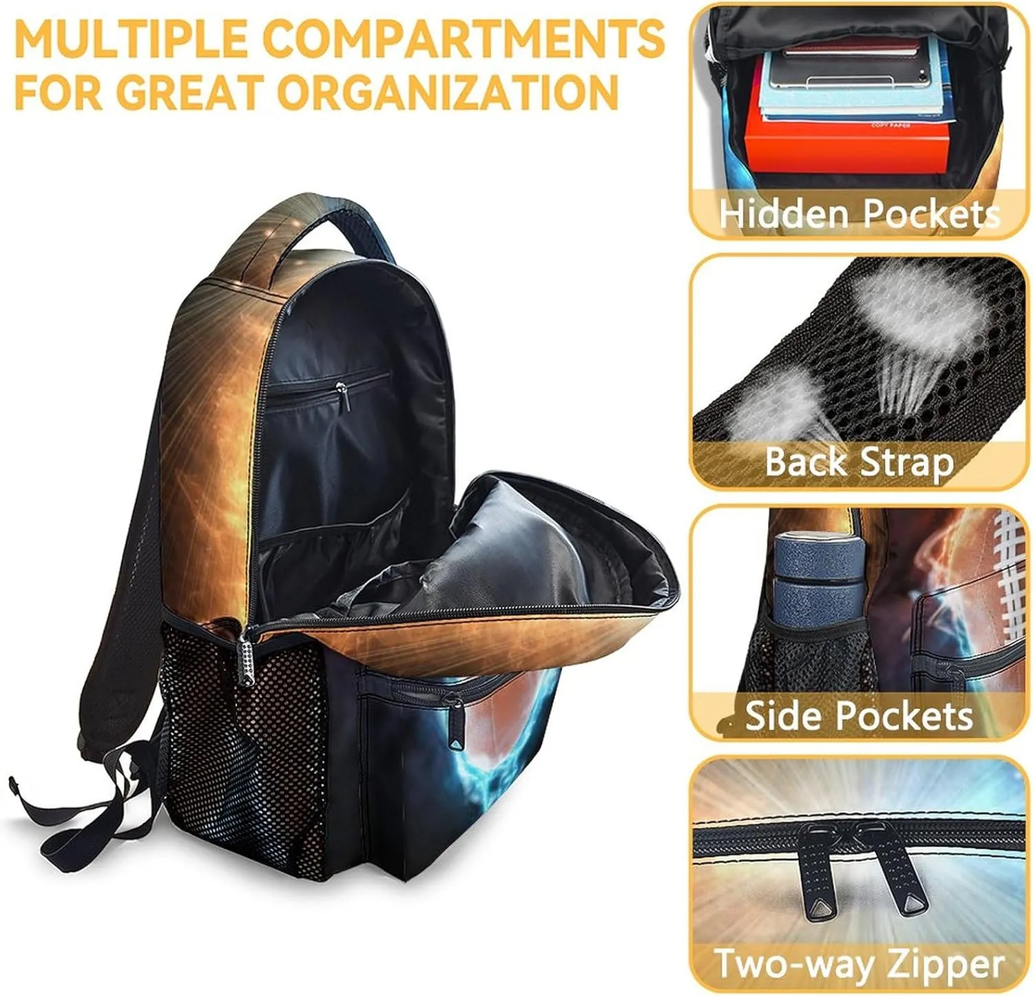 Football School Backpack for Boys, 16 Inch Brown Backpacks for Kids, Cool Lightweight Bookbag for Travel