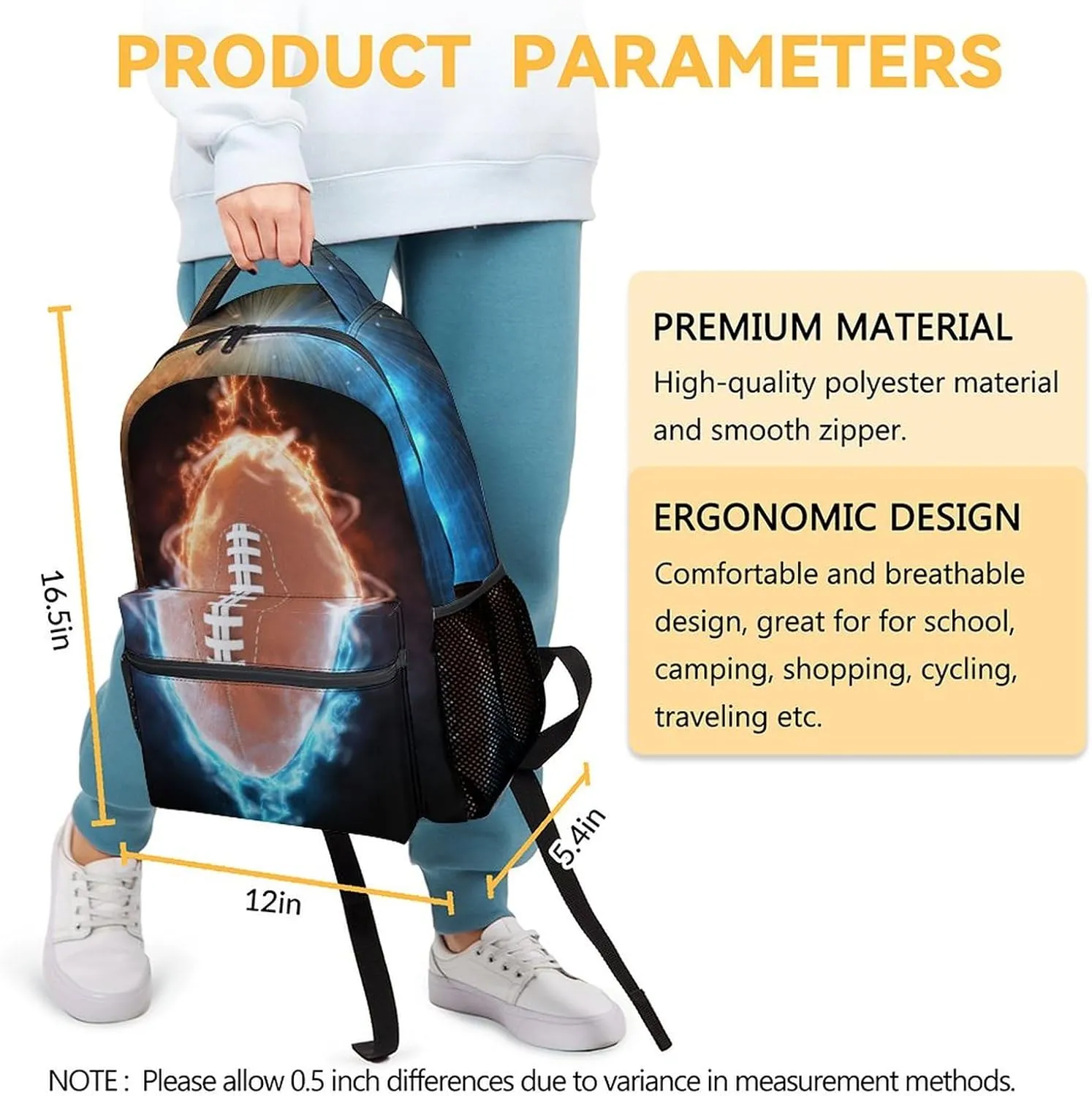 Football School Backpack for Boys, 16 Inch Brown Backpacks for Kids, Cool Lightweight Bookbag for Travel