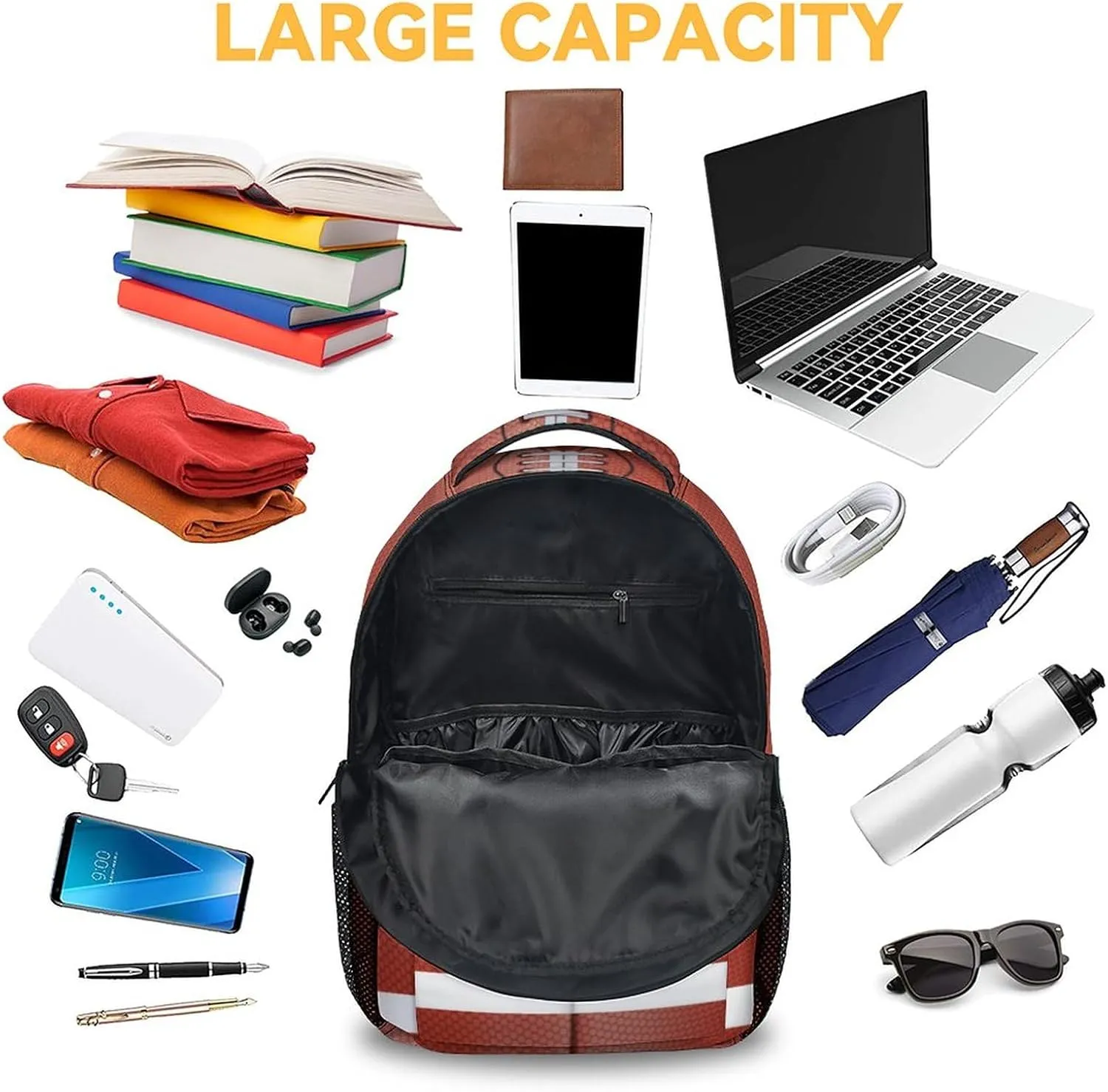 Football School Backpack for Boys, 16 Inch Brown Backpacks for Kids, Cool Lightweight Bookbag for Travel