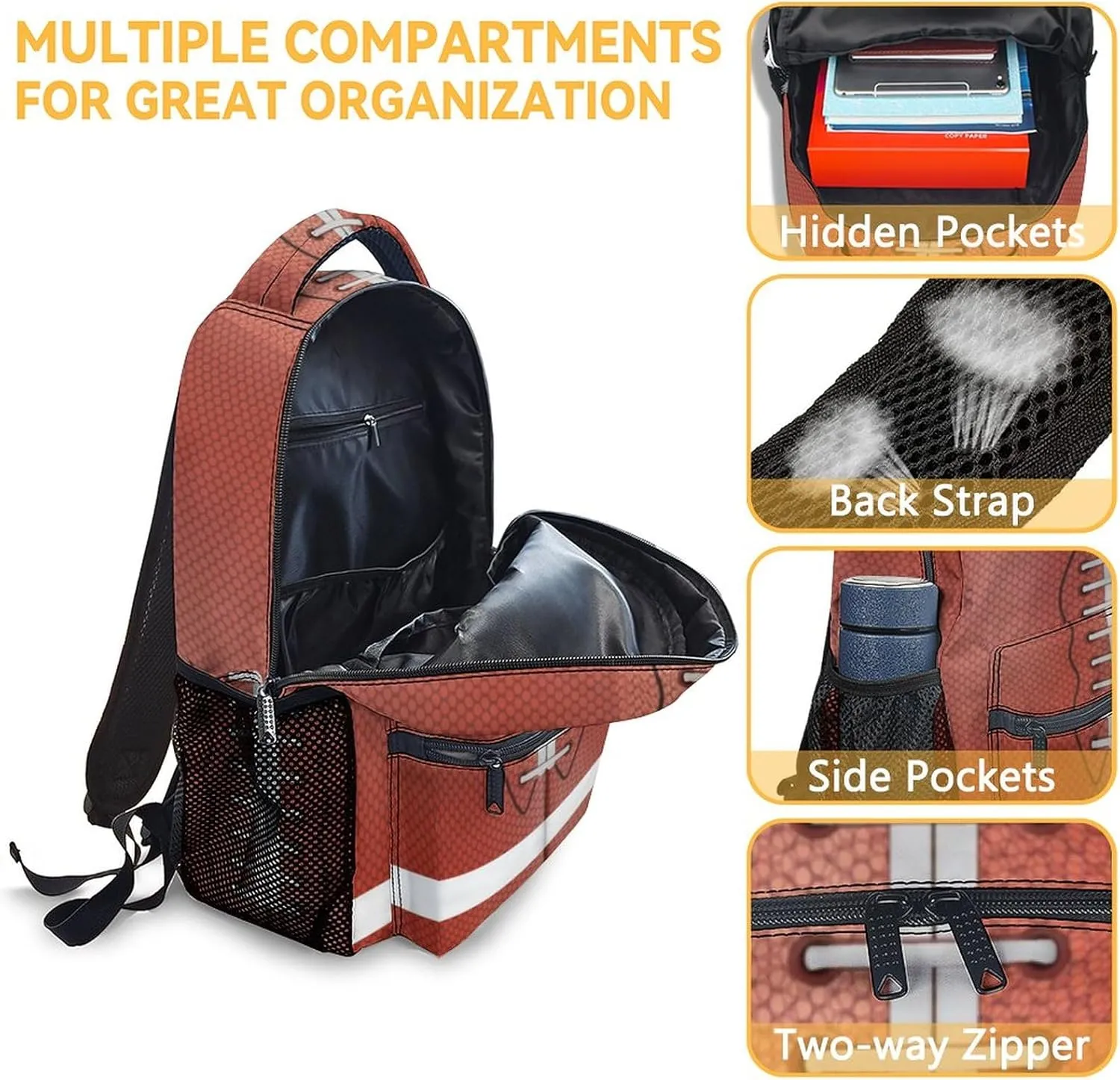 Football School Backpack for Boys, 16 Inch Brown Backpacks for Kids, Cool Lightweight Bookbag for Travel