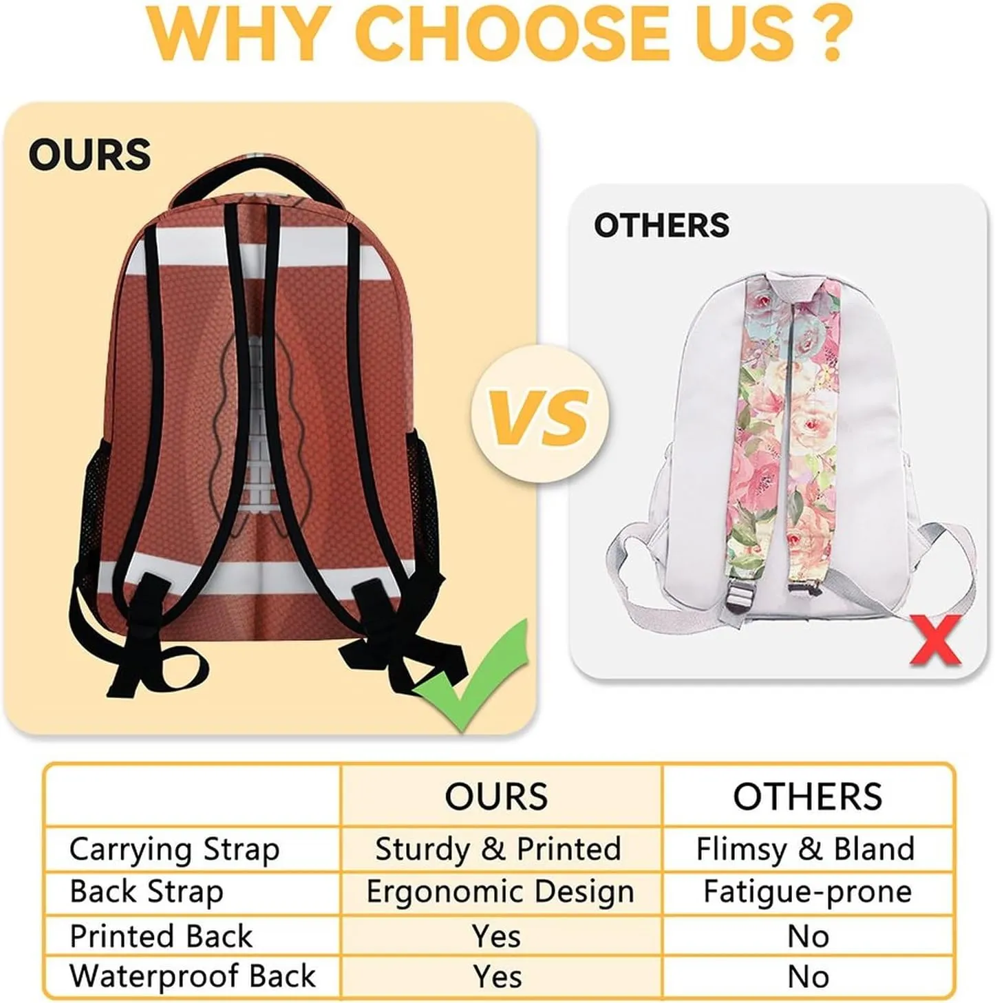 Football School Backpack for Boys, 16 Inch Brown Backpacks for Kids, Cool Lightweight Bookbag for Travel