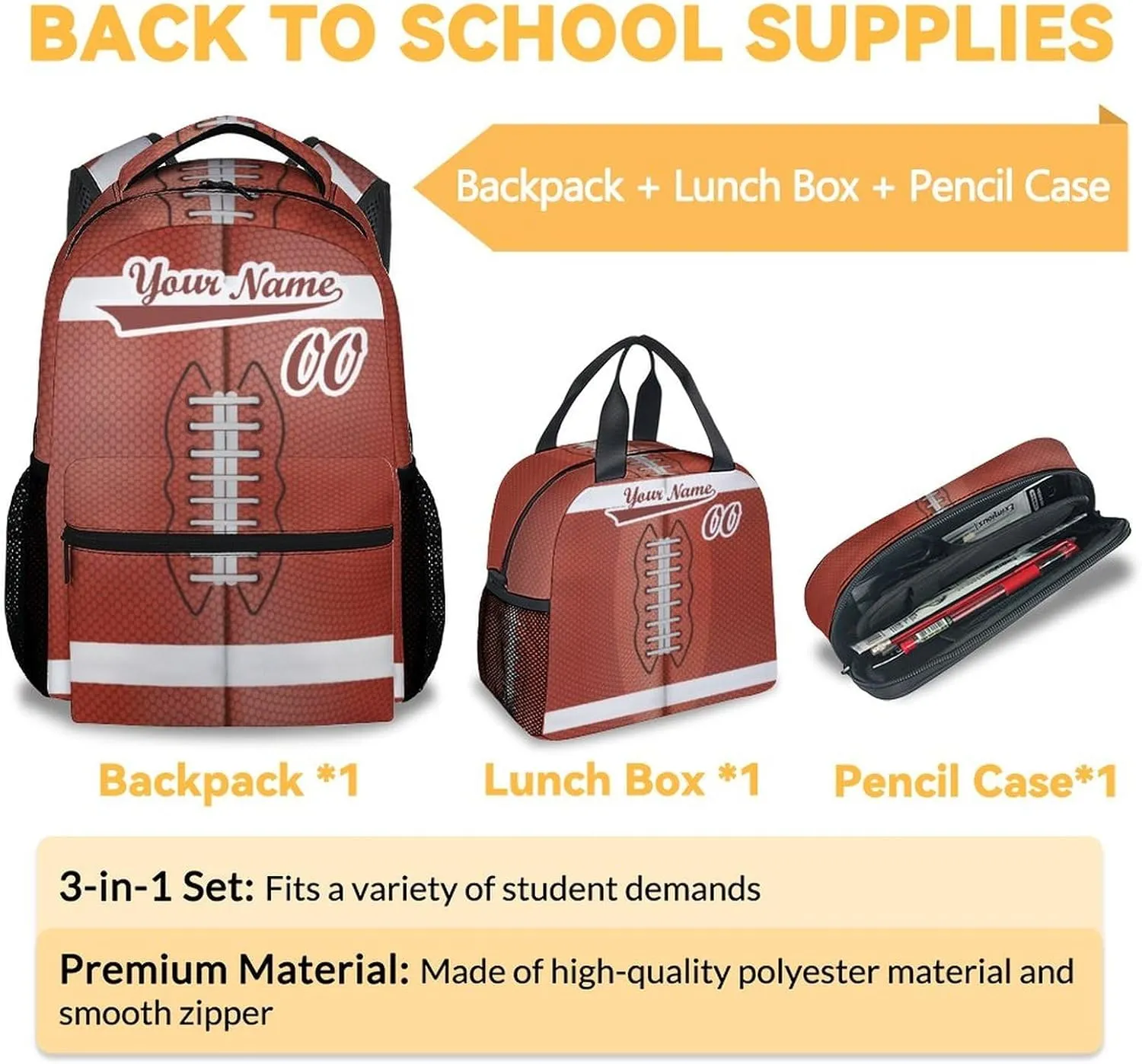 Football School Backpack for Boys, 16 Inch Brown Backpacks for Kids, Cool Lightweight Bookbag for Travel