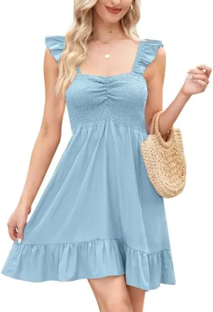 For G and PL Womens Casual Summer Babydoll Smocked Sleeveless Beach Mini Sundresses