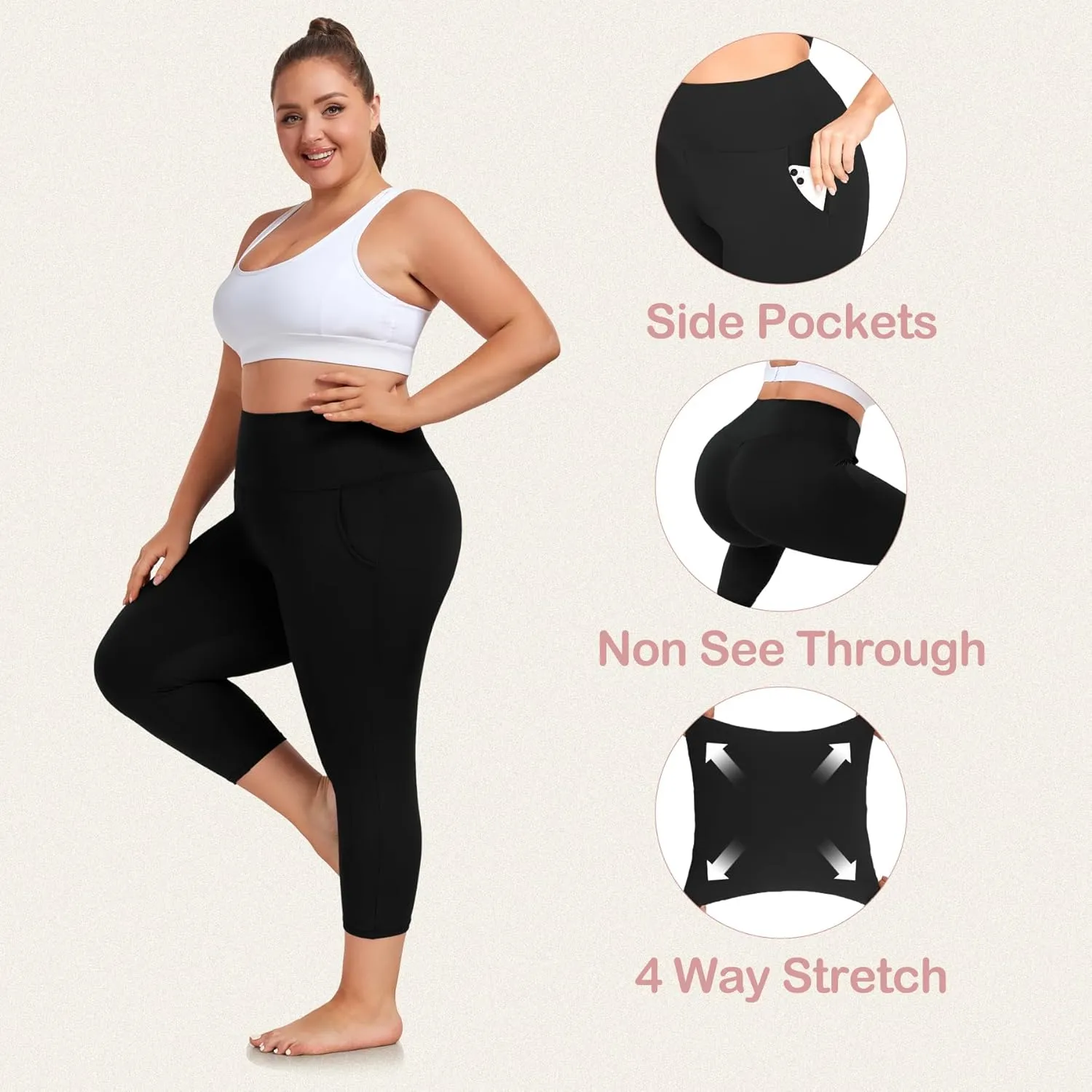 FULLSOFT 3 Pack Plus Size Capri Leggings with Pockets for Women -High Waist Stretchy 1X-4X Workout Yoga Pants