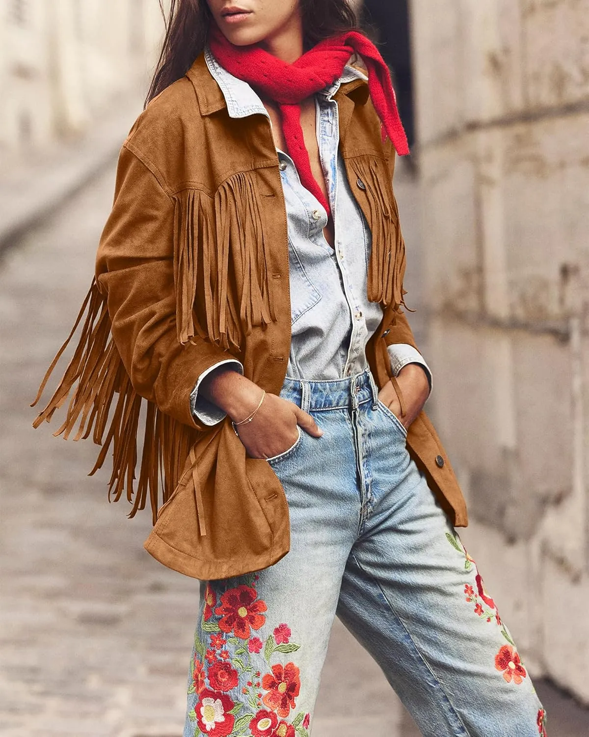 Gacaky Women's Oversized Faux Suede Fringe Jacket Vintage Western Cowgirl Tassel Jackets Country Concert Outfits