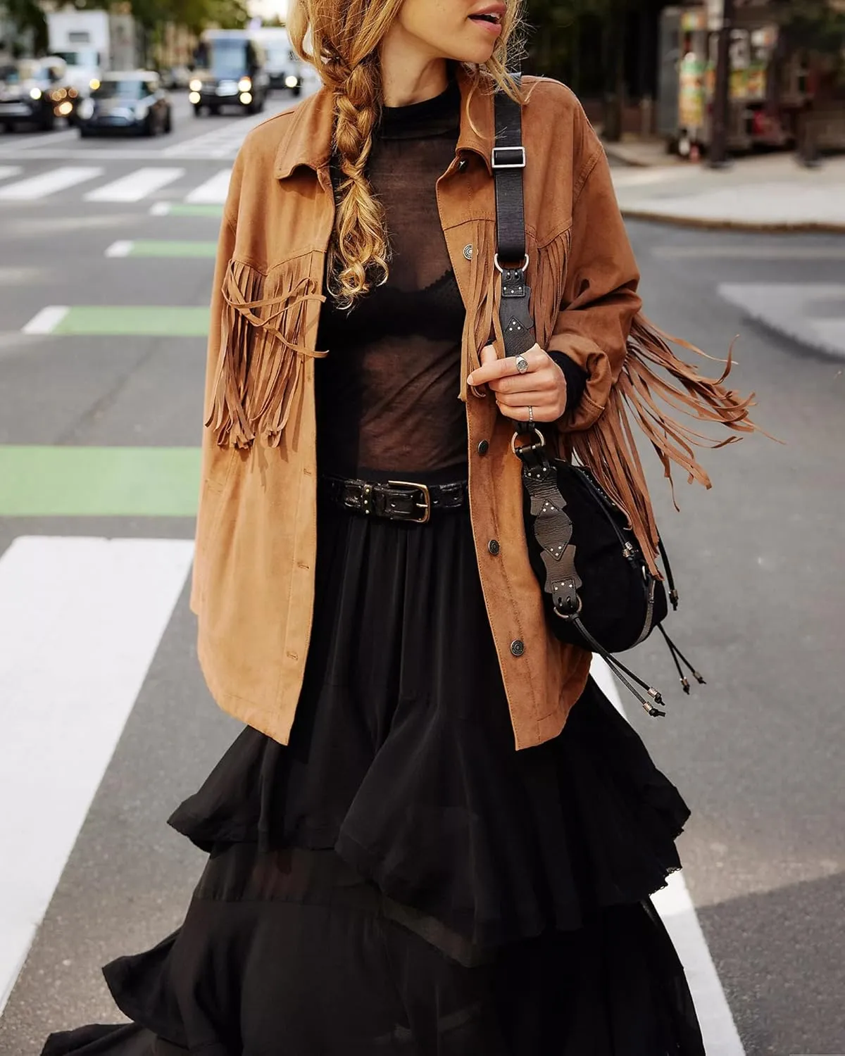 Gacaky Women's Oversized Faux Suede Fringe Jacket Vintage Western Cowgirl Tassel Jackets Country Concert Outfits
