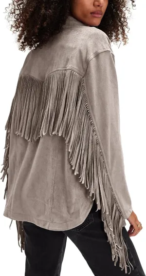 Gacaky Women's Oversized Faux Suede Fringe Jacket Vintage Western Cowgirl Tassel Jackets Country Concert Outfits