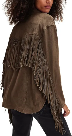Gacaky Women's Oversized Faux Suede Fringe Jacket Vintage Western Cowgirl Tassel Jackets Country Concert Outfits