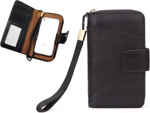 Genuine Cow Leather Wristlet Wallet Unversal Phone Case Bag For Women Men, Rfid Anti-Theft Fashion Purse Clutch Bags Handbag (A02 Black)