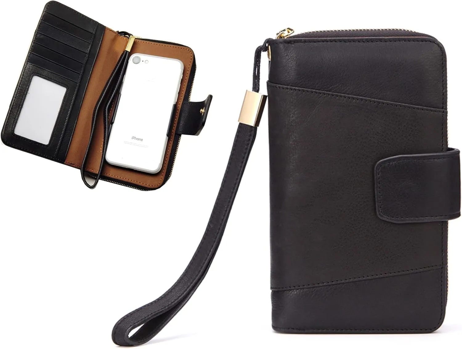 Genuine Cow Leather Wristlet Wallet Unversal Phone Case Bag For Women Men, Rfid Anti-Theft Fashion Purse Clutch Bags Handbag (A02 Black)