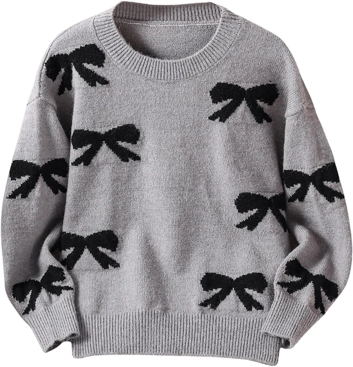 Girl's Cute Bow Sweater Crew Neck Long Sleeve Drop Shoulder Loose Pullover Tops
