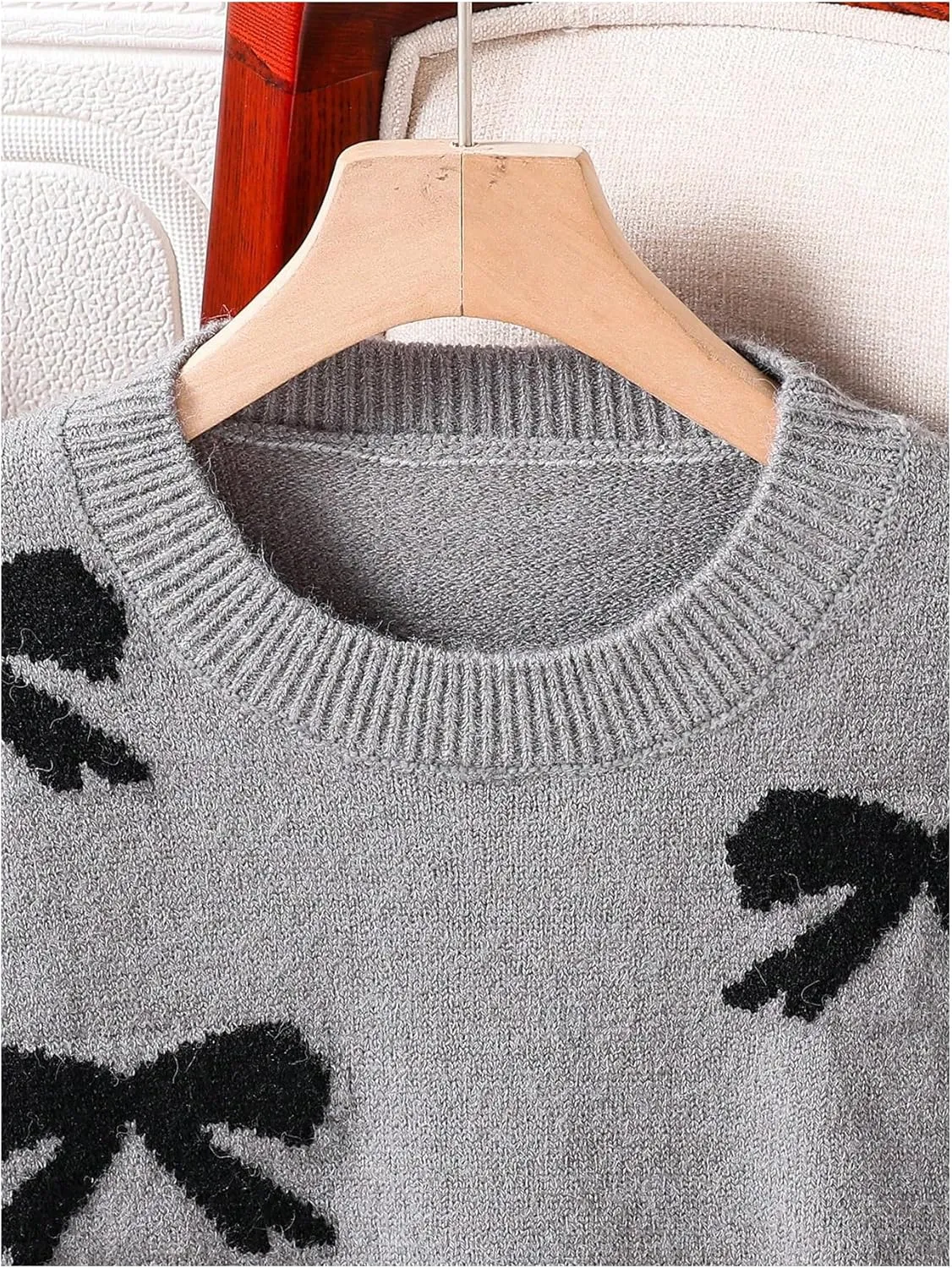 Girl's Cute Bow Sweater Crew Neck Long Sleeve Drop Shoulder Loose Pullover Tops