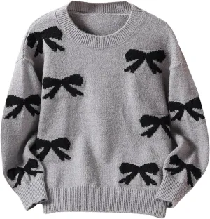 Girl's Cute Bow Sweater Crew Neck Long Sleeve Drop Shoulder Loose Pullover Tops