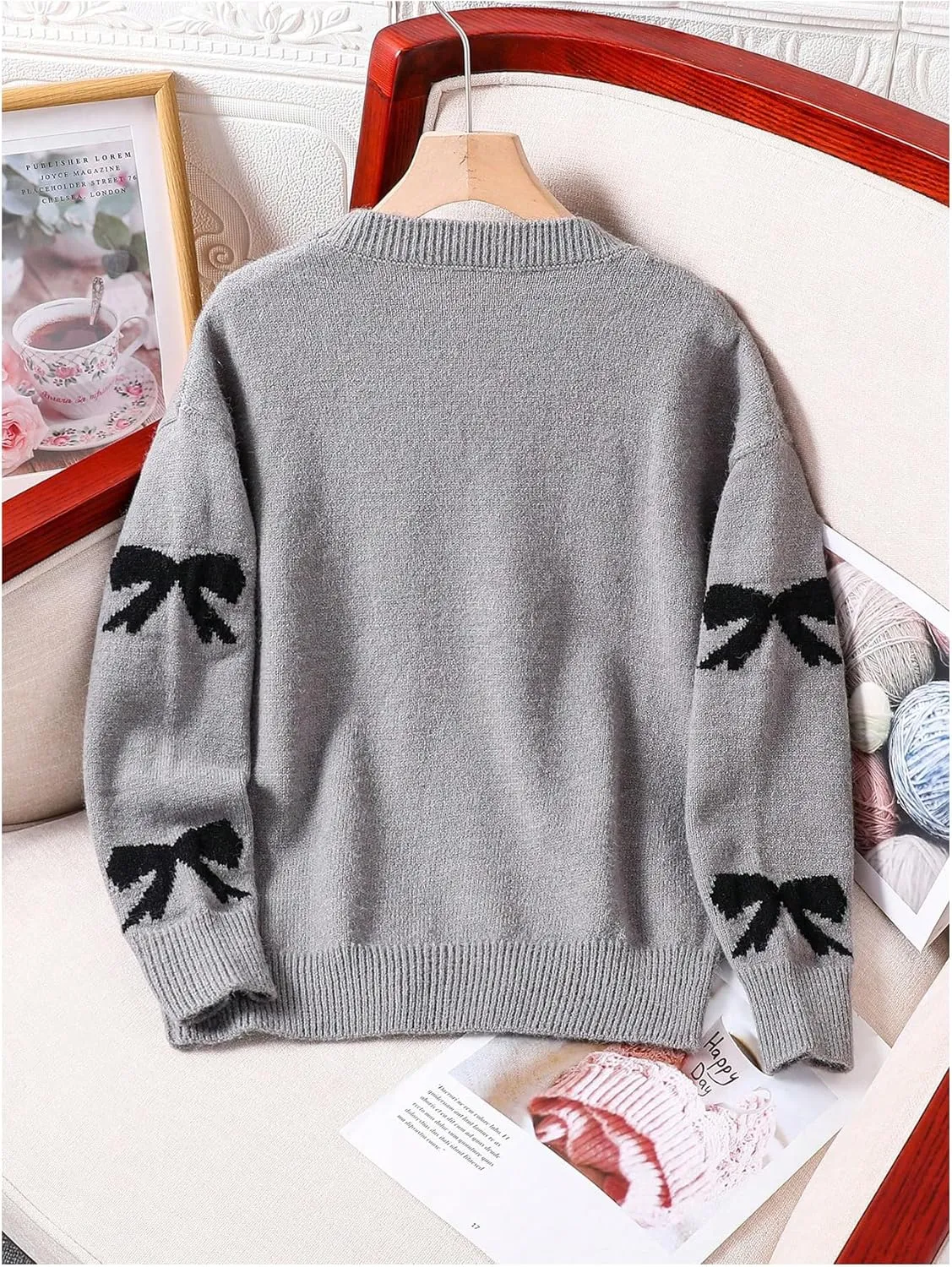 Girl's Cute Bow Sweater Crew Neck Long Sleeve Drop Shoulder Loose Pullover Tops