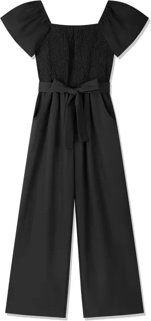 Girls' Jumpsuits & Rompers Wide Leg Jumpsuit with Belt Elastic Square Neck Cap Sleeve Girls Romper Size 7-14