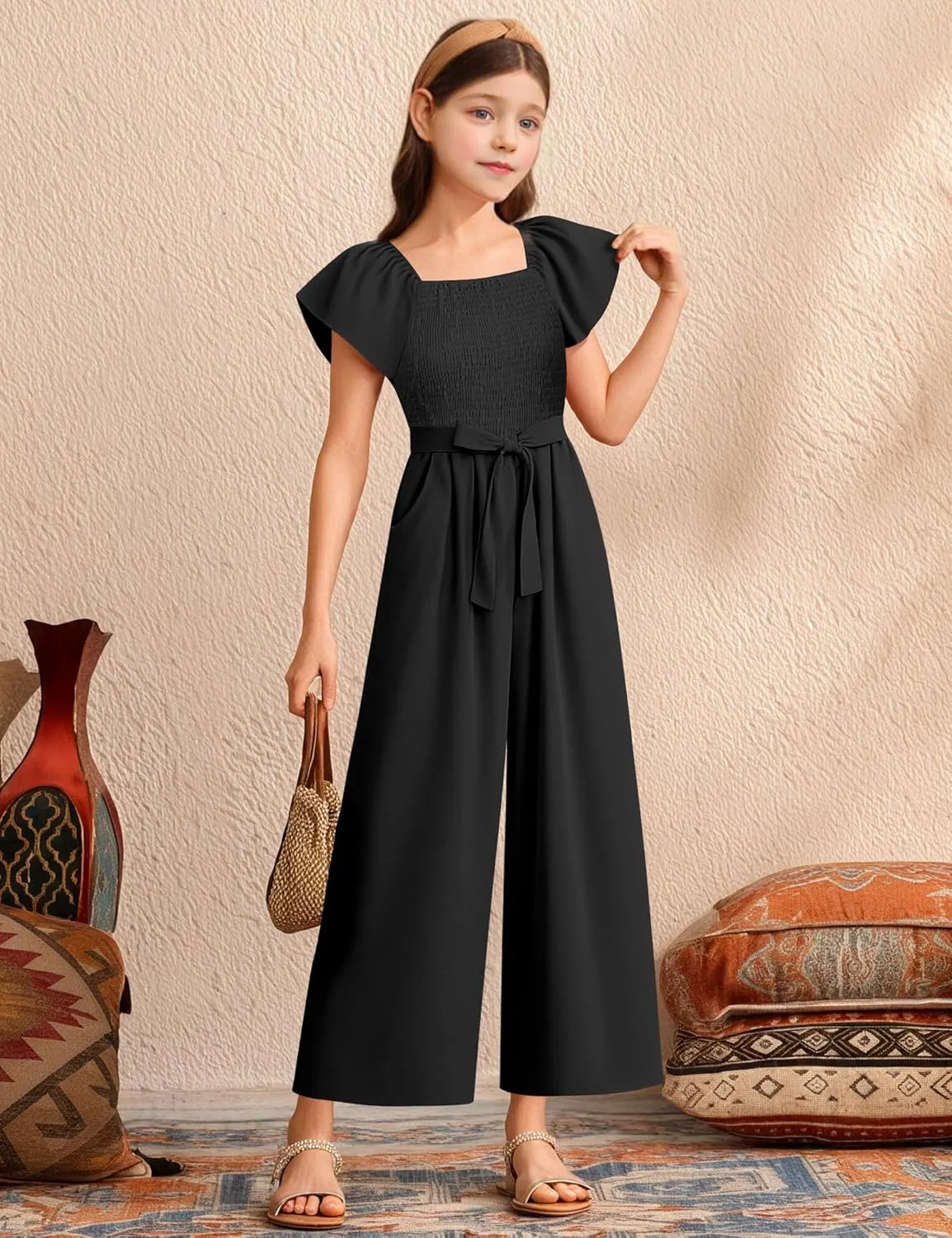 Girls' Jumpsuits & Rompers Wide Leg Jumpsuit with Belt Elastic Square Neck Cap Sleeve Girls Romper Size 7-14