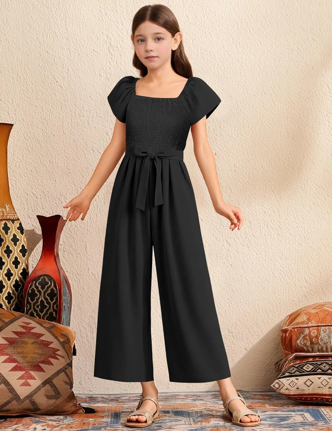 Girls' Jumpsuits & Rompers Wide Leg Jumpsuit with Belt Elastic Square Neck Cap Sleeve Girls Romper Size 7-14