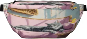 Gray Tabby Cat Lounging On Pink Sofa Fanny Pack For Women Man, Waist Belt Bag Crossbody For Sports Travel Hiking Running Jogging