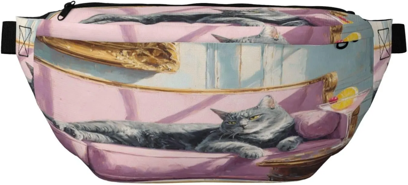 Gray Tabby Cat Lounging On Pink Sofa Fanny Pack For Women Man, Waist Belt Bag Crossbody For Sports Travel Hiking Running Jogging