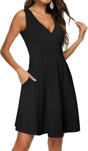 GUBERRY Womens Wrap V Neck Sleeveless Sundress Summer Flare Tank Dress with Pockets 