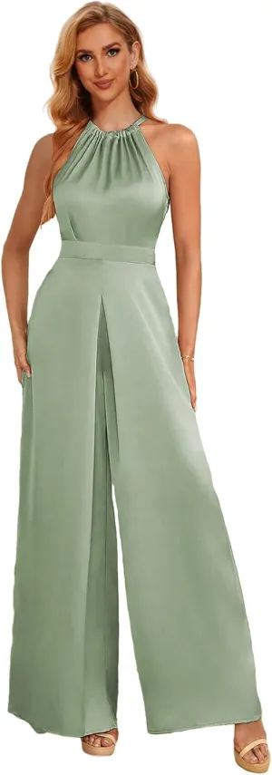 Halter Formal Jumpsuits for Women Satin Long Wide Leg Pants High Waist One Piece Outfits with Pockets Rompers