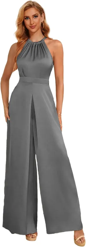 Halter Formal Jumpsuits for Women Satin Long Wide Leg Pants High Waist One Piece Outfits with Pockets Rompers