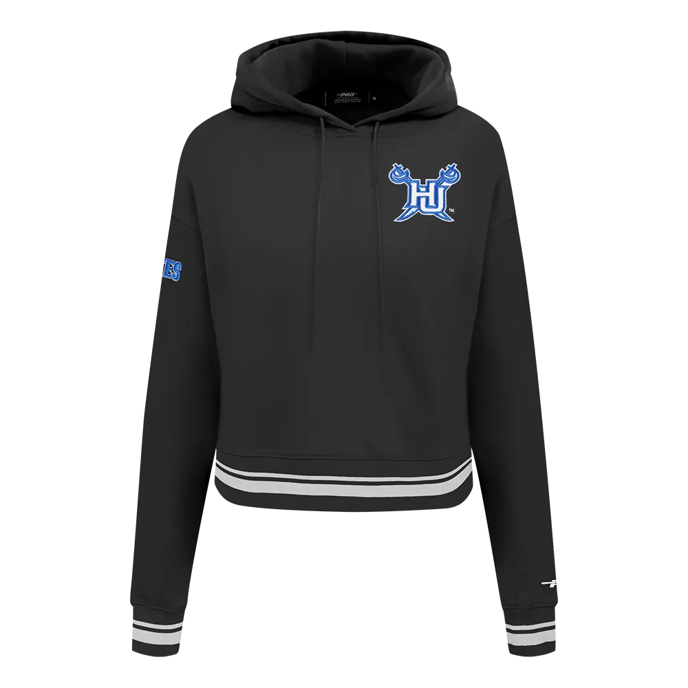 HAMPTON UNIVERSITY CLASSIC WOMEN'S RIB FLEECE CROPPED PULLOVER HOODIE (BLACK)