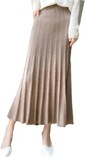 Hamthuit Women's High Waist Pleated Skirt Wool Midi Skirt Thick A-Line Ladies Skirt