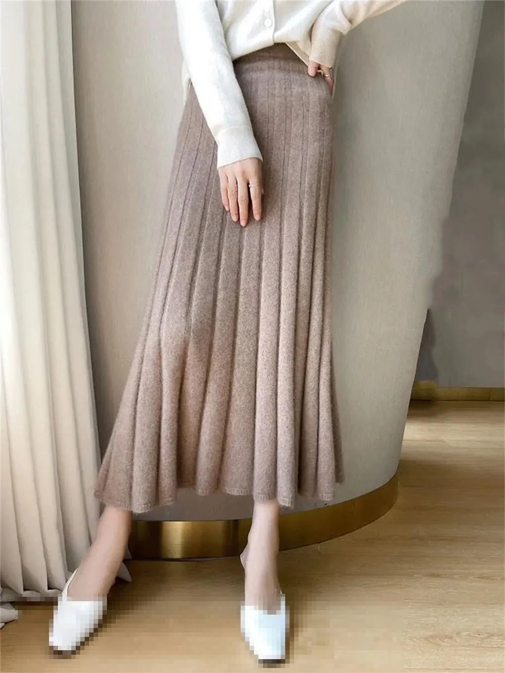 Hamthuit Women's High Waist Pleated Skirt Wool Midi Skirt Thick A-Line Ladies Skirt