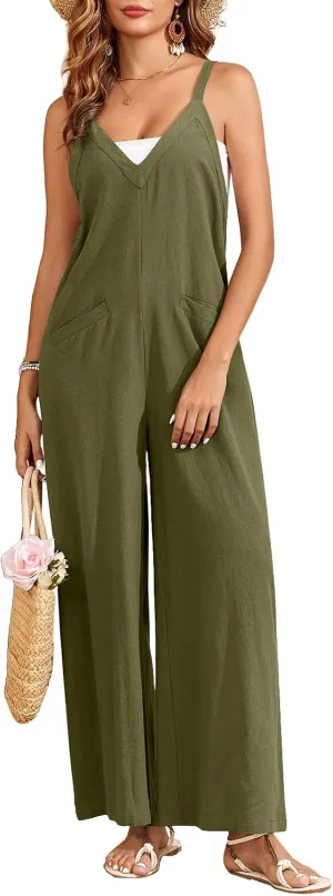 HOTIAN Womens V Neck Overalls Adjustable Strap Sleeveless Causal Rompers Jumpers Wide Leg Pants Jumpsuits with Zipper