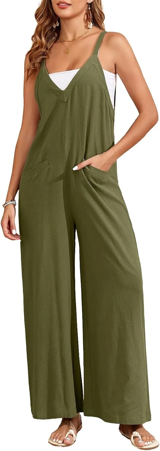 HOTIAN Womens V Neck Overalls Adjustable Strap Sleeveless Causal Rompers Jumpers Wide Leg Pants Jumpsuits with Zipper