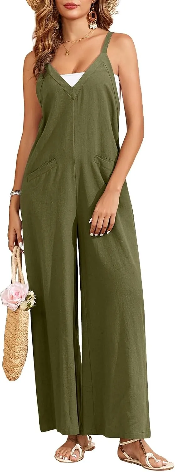 HOTIAN Womens V Neck Overalls Adjustable Strap Sleeveless Causal Rompers Jumpers Wide Leg Pants Jumpsuits with Zipper