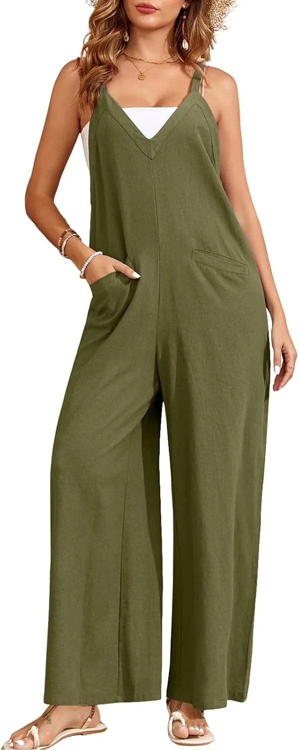 HOTIAN Womens V Neck Overalls Adjustable Strap Sleeveless Causal Rompers Jumpers Wide Leg Pants Jumpsuits with Zipper