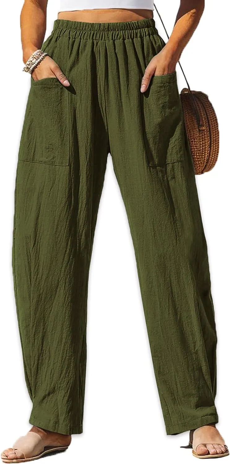 HVEPUO Womens Elastic High Waist Summer Wide Leg Pants Baggy Cotton Casual Palazzo Trousers Pull On Barrel Pants with Pockets
